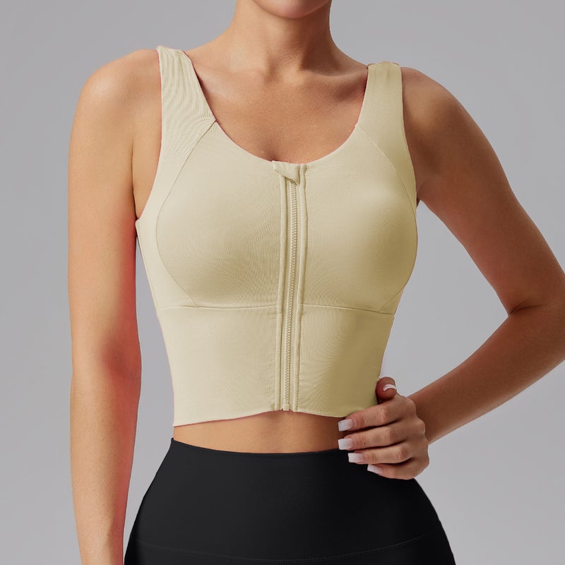 Sports Bra Cream Beige FBF2237814 Naked Zipper Sports Underwear Women's High Strength Shockproof Gather-up Fitness Beautiful Back Professional Training Running Yoga Bra