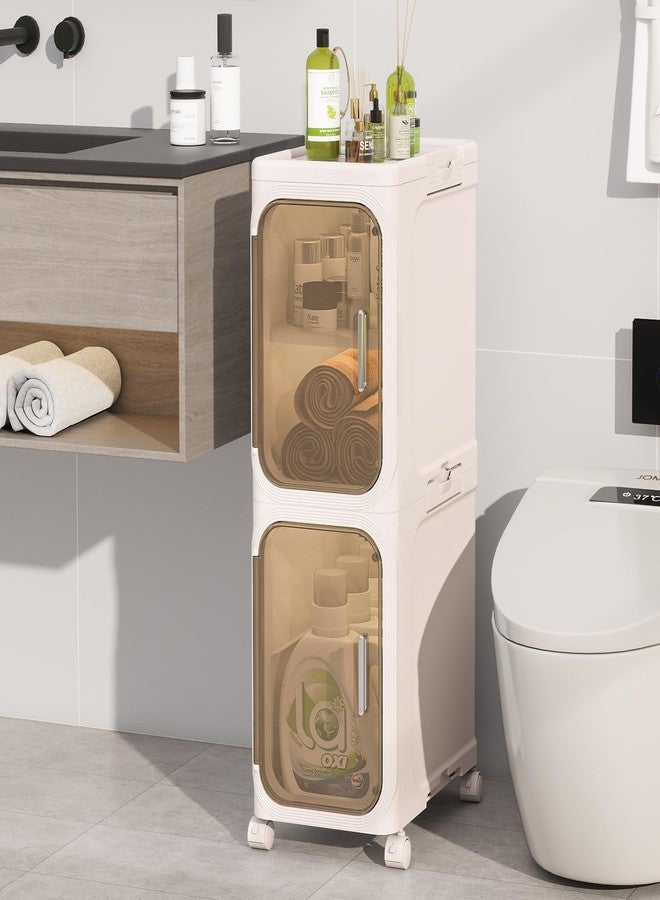 KHNR 2-Tiers Slim Bathroom Storage Cabinet, Foldable Storage Cabinets,Narrow Bathroom Storage,Movable Bathroom Storage Organizer for Small Spaces,Bathroom,Kitchen,Laundry,Cream White - Image 1