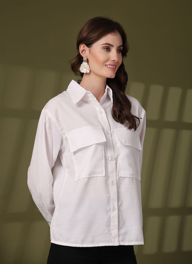 PlusS White Opaque Casual Shirt for Women - Image 3