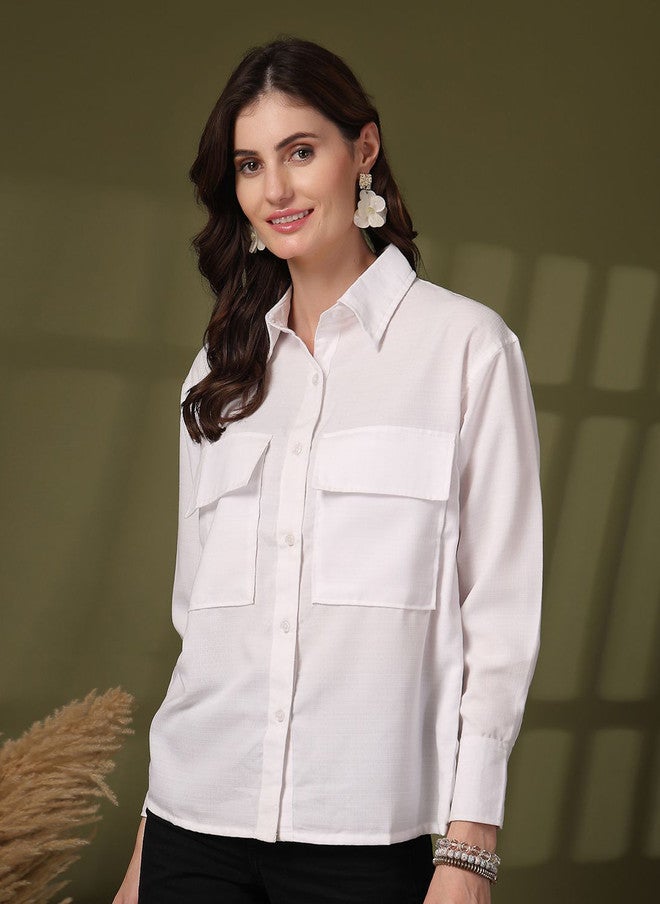 PlusS White Opaque Casual Shirt for Women - Image 4