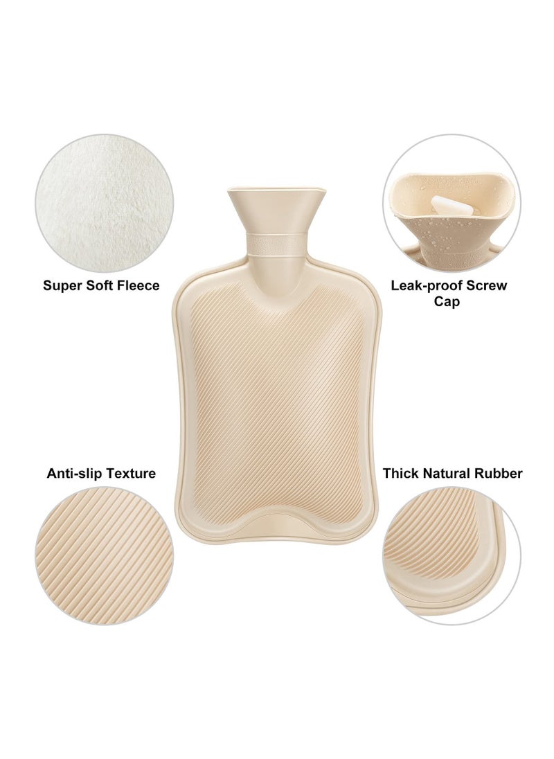 SYOSI Hot Water Bottle with Soft Fleece Cover 2L Bag for Cold Therapy Pain Relief Back Neck Period Cramps Gift Beige  - Image 2