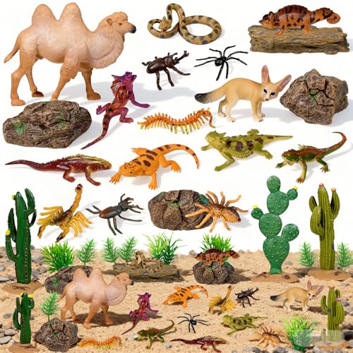 Furjane 34 Pcs Desert Animals Figurines Set Model Trees Kit Desert Diorama Supplies Animals with Tree and Cactuses Figurines Resin Insects for Diorama Birthday Party - Image 1