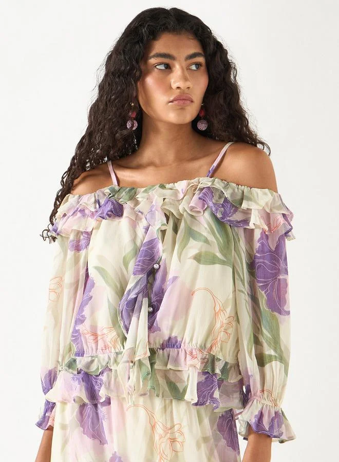 2Xtremz 2Xtremz All-Over Floral Print Off Shoulder Top with Ruffles