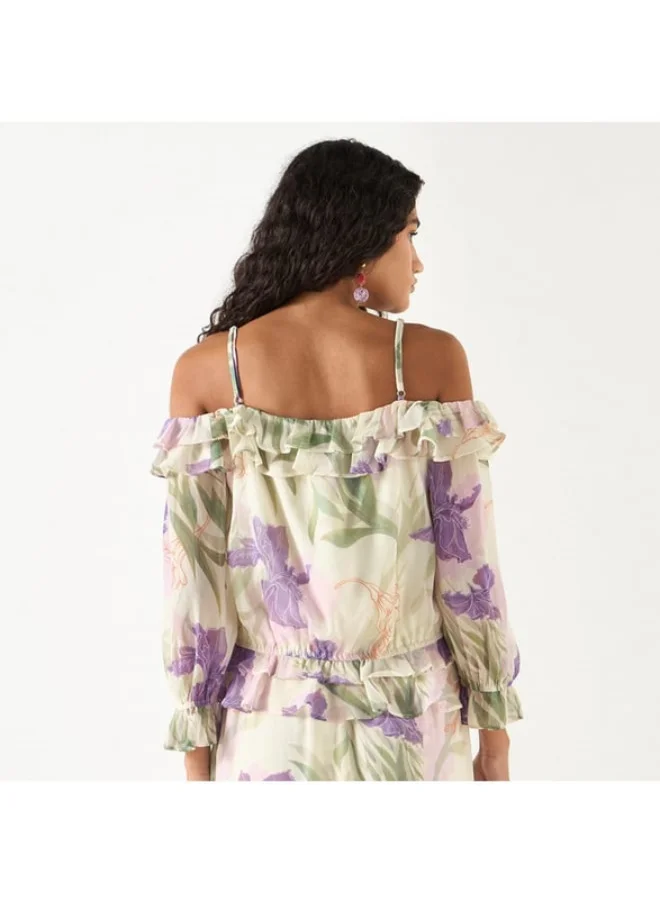 2Xtremz 2Xtremz All-Over Floral Print Off Shoulder Top with Ruffles