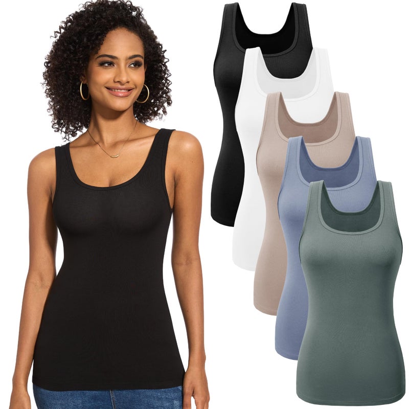 TVKSOM 5 Pack Basic Tank Tops for Women Undershirt Ribbed Sleeveless Scoop Neck Casual Layering Basic Tanks Top - Image 1