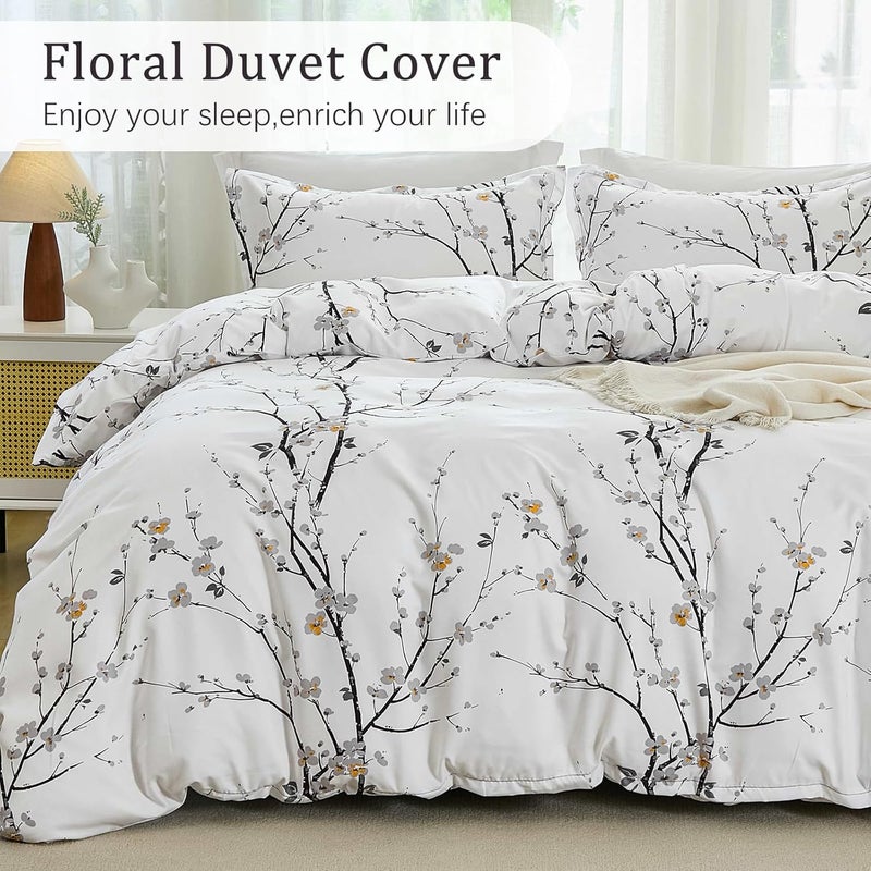WONGS BEDDING مجموعة أغطية لحاف بنمط أزهار بيضاء، مكونة من 3 قطع، مطبوع عليها أغصان الأشجار وزهور التوت، مقاس مزدوج (200x200 سم) - Image 4