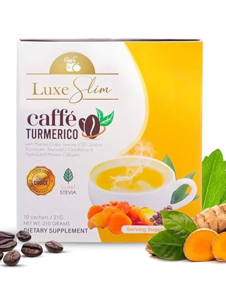 Luxe Slim Turmeric Coffee with Stevia, Glutathione & Collagen – 10 Sachets Herbal Coffee Mix – 210g Box - Image 2
