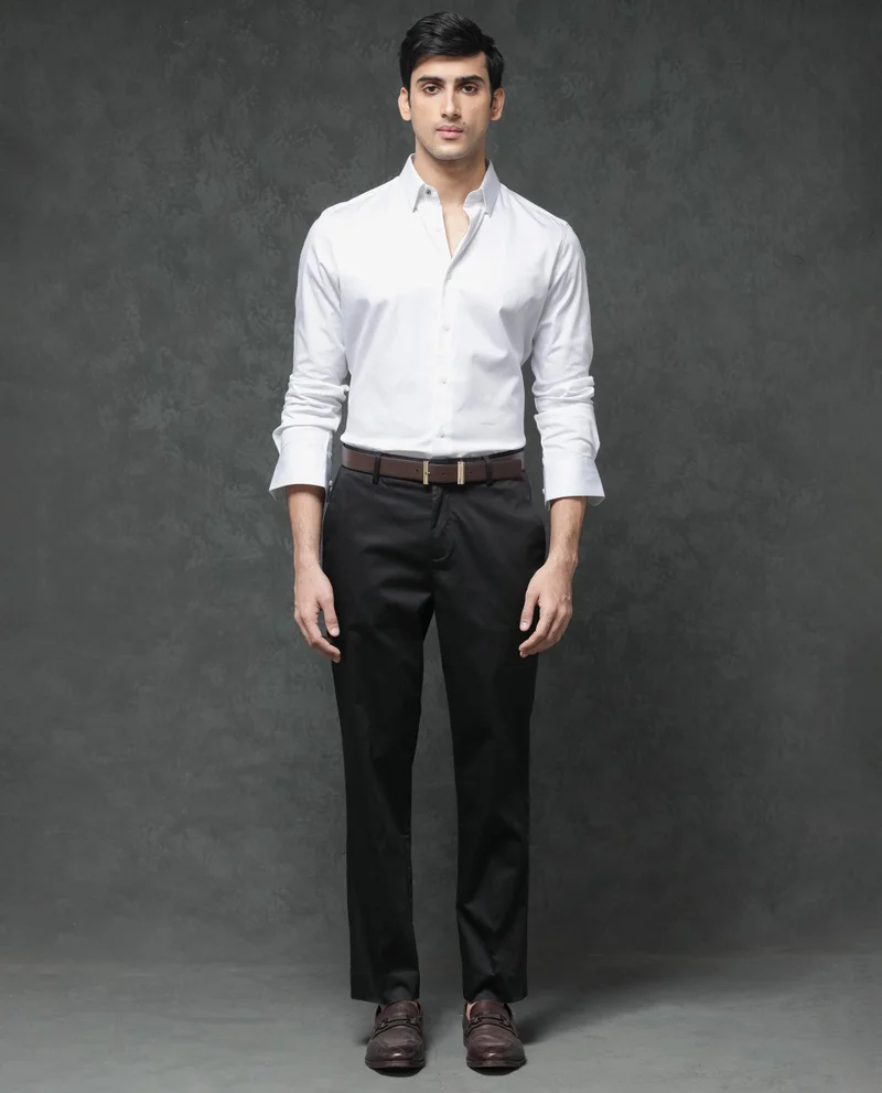 Rare Rabbit Rare Rabbit Mens Comotel Black Cotton Linen Satin Stretch Regular Fit Mid Rise Solid Trousers