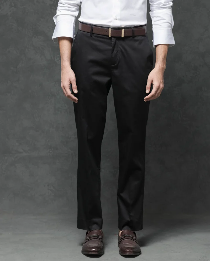 Rare Rabbit Rare Rabbit Mens Comotel Black Cotton Linen Satin Stretch Regular Fit Mid Rise Solid Trousers