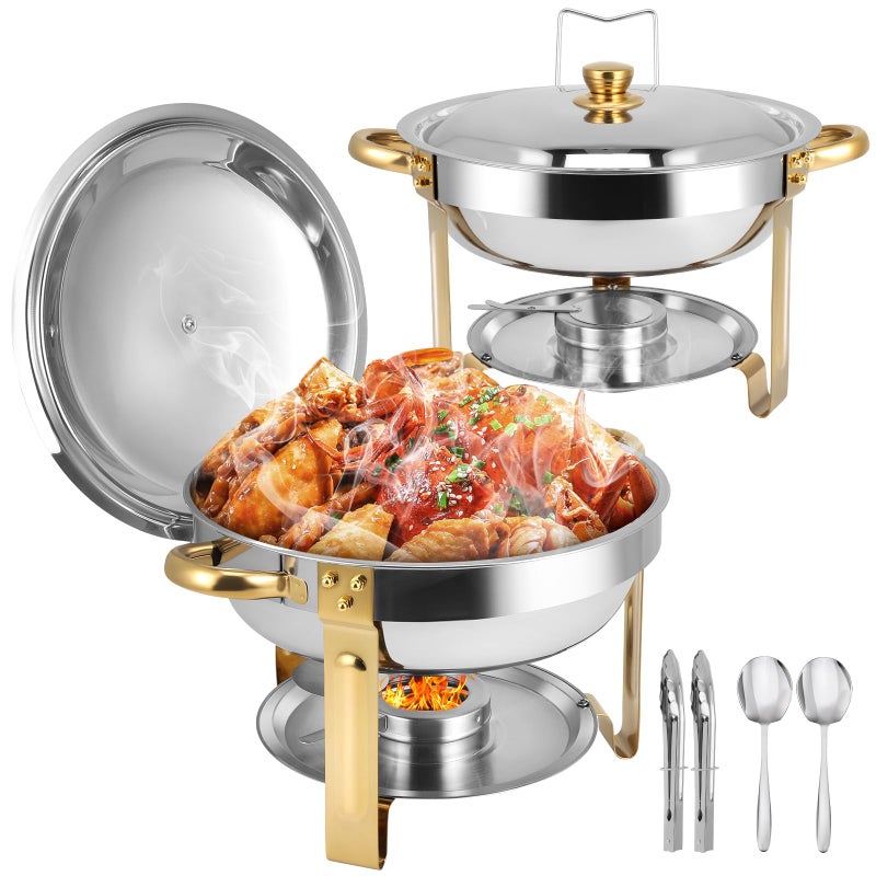 BOEASTER Chafing Dishes for Buffet 2 Pack, 5QT Round Chafing Dish Buffet Set [Elegant Gold and Silver Colors] Stainless Steel Buffet Food Warmers Sets for Catering Events Home Parties Dinners with Complete Set - Image 1