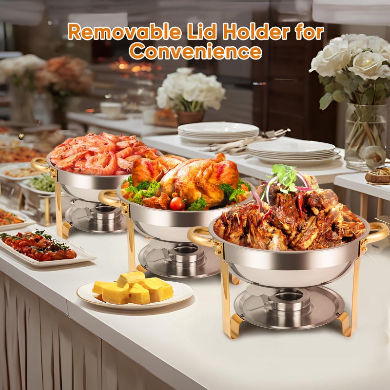 BOEASTER Chafing Dishes for Buffet 2 Pack, 5QT Round Chafing Dish Buffet Set [Elegant Gold and Silver Colors] Stainless Steel Buffet Food Warmers Sets for Catering Events Home Parties Dinners with Complete Set - Image 3