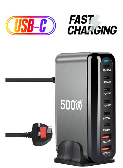 500W Fast USB C Charger GAN Charger Block 8 Port Charging Station ,Compatible with MacBook Pro/Air/All iPad iPhone 16/15/14/13/Pro Max Galaxy S23/2 2 etc.