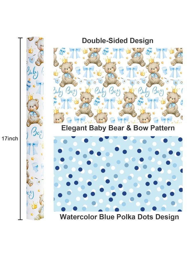 Yarcony Bear Baby Shower Wrapping Paper, Baby Boy Wrapping Paper, Reversible Watercolor Blue Bear, Bow & Polka Dot Little Boy Gift Wrap for Boys Birthday, Kid Party, 1st Birthday (17 Inch X 16.5 Feet) - Image 3