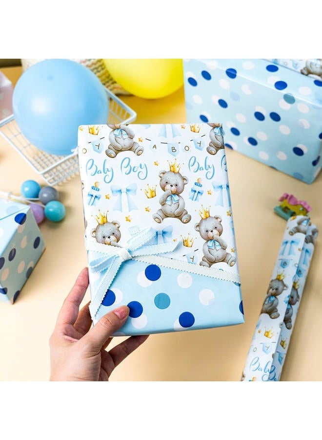 Yarcony Bear Baby Shower Wrapping Paper, Baby Boy Wrapping Paper, Reversible Watercolor Blue Bear, Bow & Polka Dot Little Boy Gift Wrap for Boys Birthday, Kid Party, 1st Birthday (17 Inch X 16.5 Feet) - Image 4