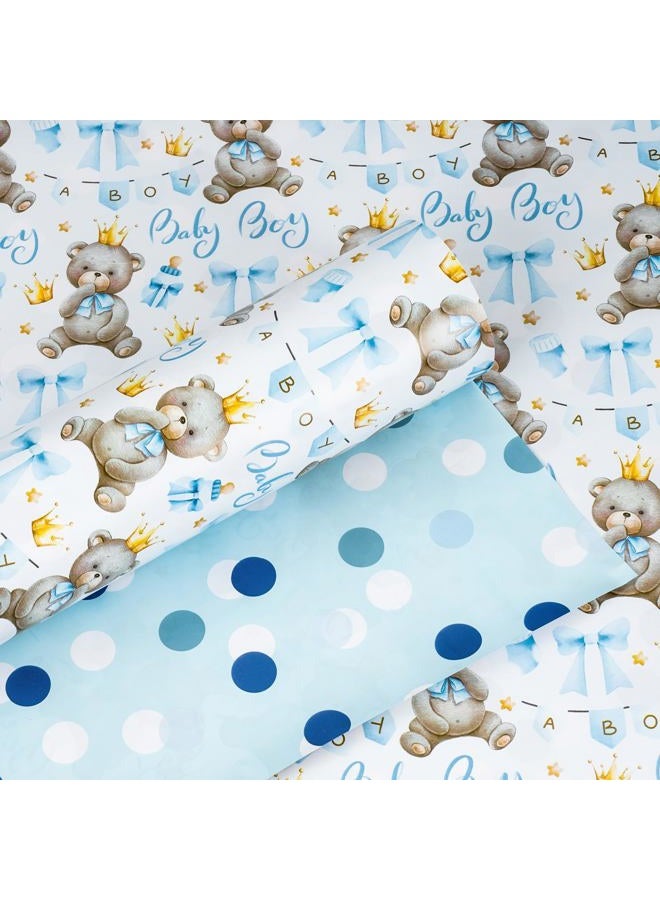 Yarcony Bear Baby Shower Wrapping Paper, Baby Boy Wrapping Paper, Reversible Watercolor Blue Bear, Bow & Polka Dot Little Boy Gift Wrap for Boys Birthday, Kid Party, 1st Birthday (17 Inch X 16.5 Feet) - Image 1