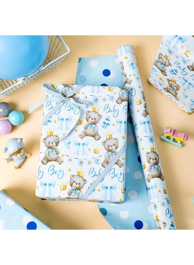 Yarcony Bear Baby Shower Wrapping Paper, Baby Boy Wrapping Paper, Reversible Watercolor Blue Bear, Bow & Polka Dot Little Boy Gift Wrap for Boys Birthday, Kid Party, 1st Birthday (17 Inch X 16.5 Feet) - Image 2