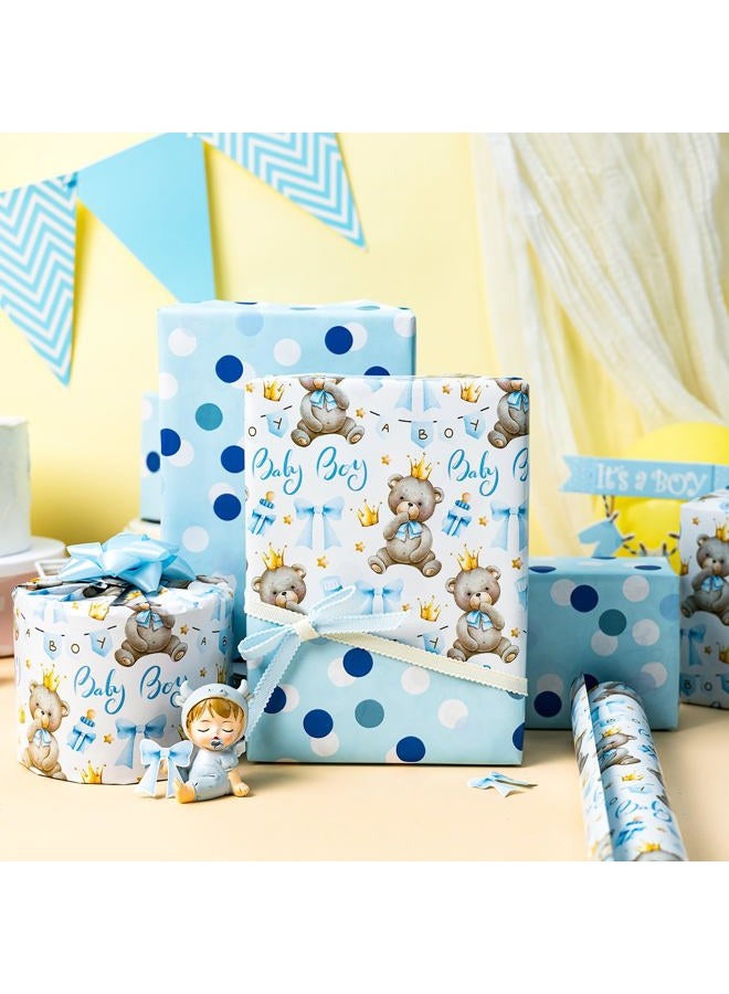 Yarcony Bear Baby Shower Wrapping Paper, Baby Boy Wrapping Paper, Reversible Watercolor Blue Bear, Bow & Polka Dot Little Boy Gift Wrap for Boys Birthday, Kid Party, 1st Birthday (17 Inch X 16.5 Feet) - Image 5