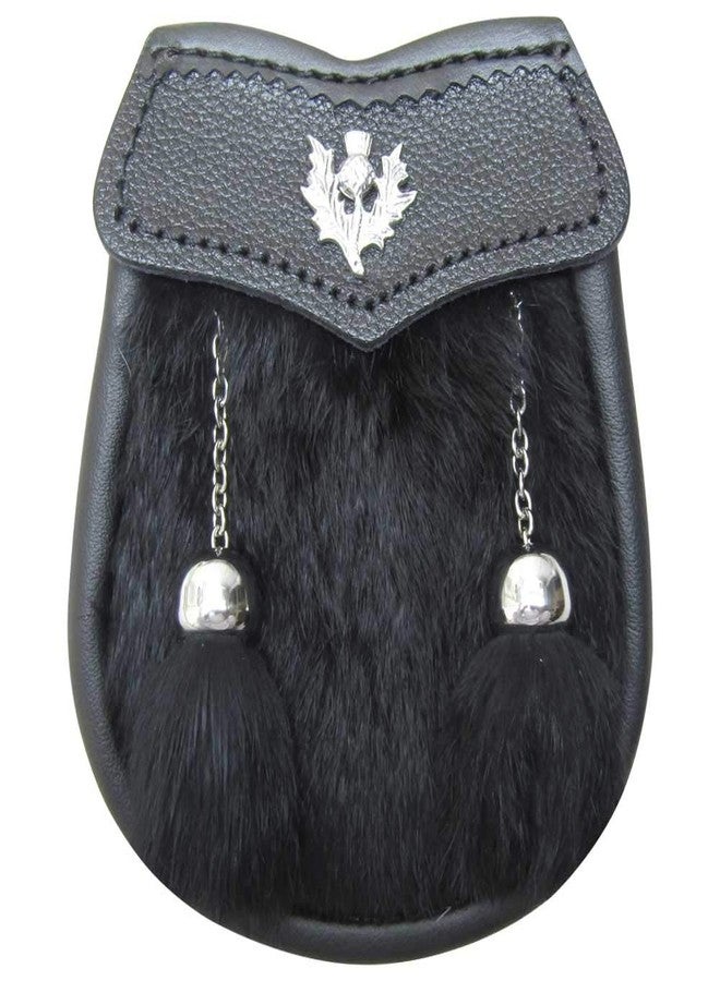 AAR Leather Kilt Sporran Scottish Free Chain Multi Design Black Fur 2Tassels New (Thistle) - Image 2