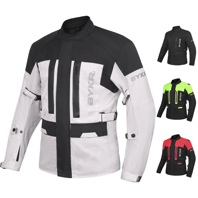 BYKR Adventure Touring Motorcycle Jacket For Men Women Enduro Biker Textile Riding Gear CE Armored Silver L
