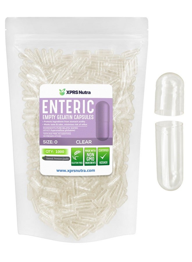 XPRS Nutra Size 0 Empty Capsules - 1000 Count Clear Enteric Coated Empty Gelatin Capsules - Delayed Release Pills - DIY Capsule Filling - Pure Bovine Empty Enteric Gel Caps - Image 1