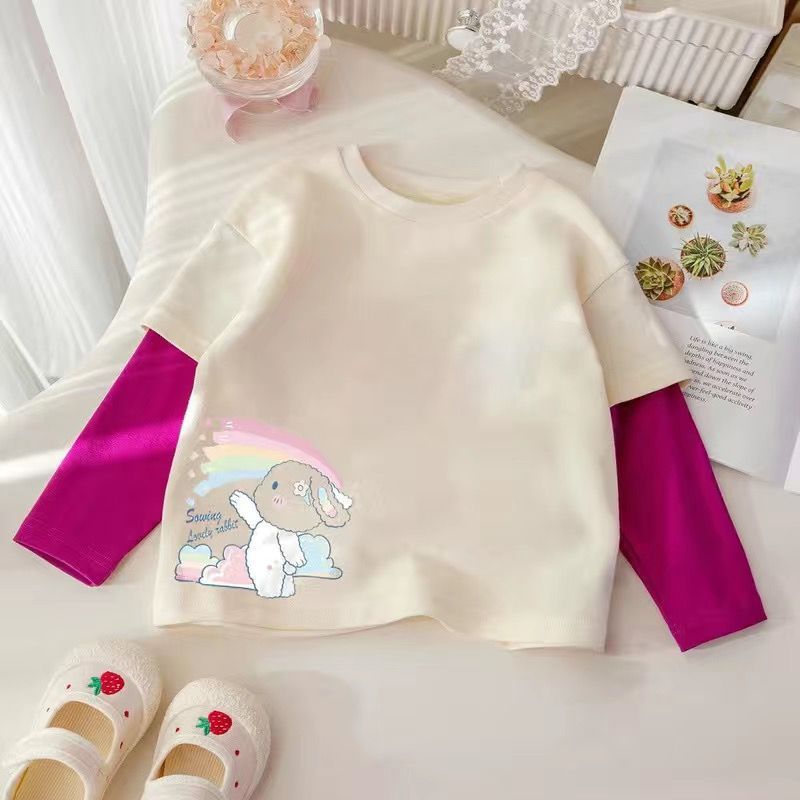 Girls' Long-Sleeved T-Shirt Early Autumn Baby Children'S Fake Two-Piece Top Autumn Base Shirt T - Image 2