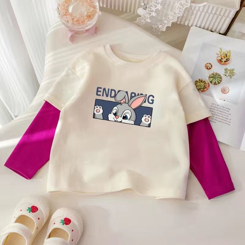 Girls' Long-Sleeved T-Shirt Early Autumn Baby Children'S Fake Two-Piece Top Autumn Base Shirt T - Image 1