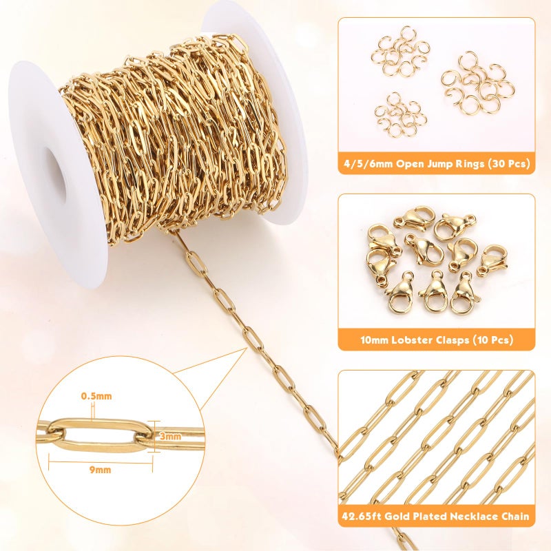 Jollidecor 43ft Gold Chain for Jewelry Making 18k Gold Plated Stainless Steel Paperclip Chain Roll for Charm Bracelet Necklace Jewelry DIY Craft Accessories with 10 Pcs Lobster Clasps and 30 Pcs Jump Rings - Image 3