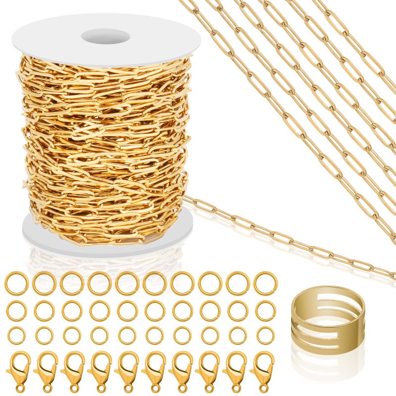 Jollidecor 43ft Gold Chain for Jewelry Making 18k Gold Plated Stainless Steel Paperclip Chain Roll for Charm Bracelet Necklace Jewelry DIY Craft Accessories with 10 Pcs Lobster Clasps and 30 Pcs Jump Rings - Image 1