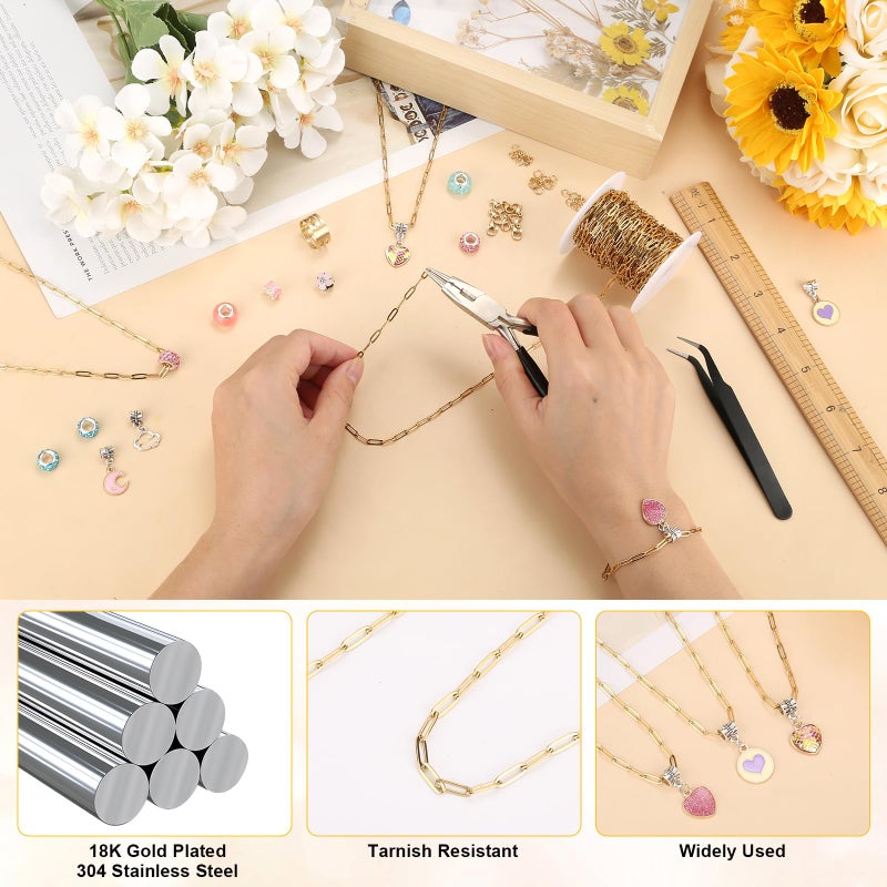 Jollidecor 43ft Gold Chain for Jewelry Making 18k Gold Plated Stainless Steel Paperclip Chain Roll for Charm Bracelet Necklace Jewelry DIY Craft Accessories with 10 Pcs Lobster Clasps and 30 Pcs Jump Rings - Image 4
