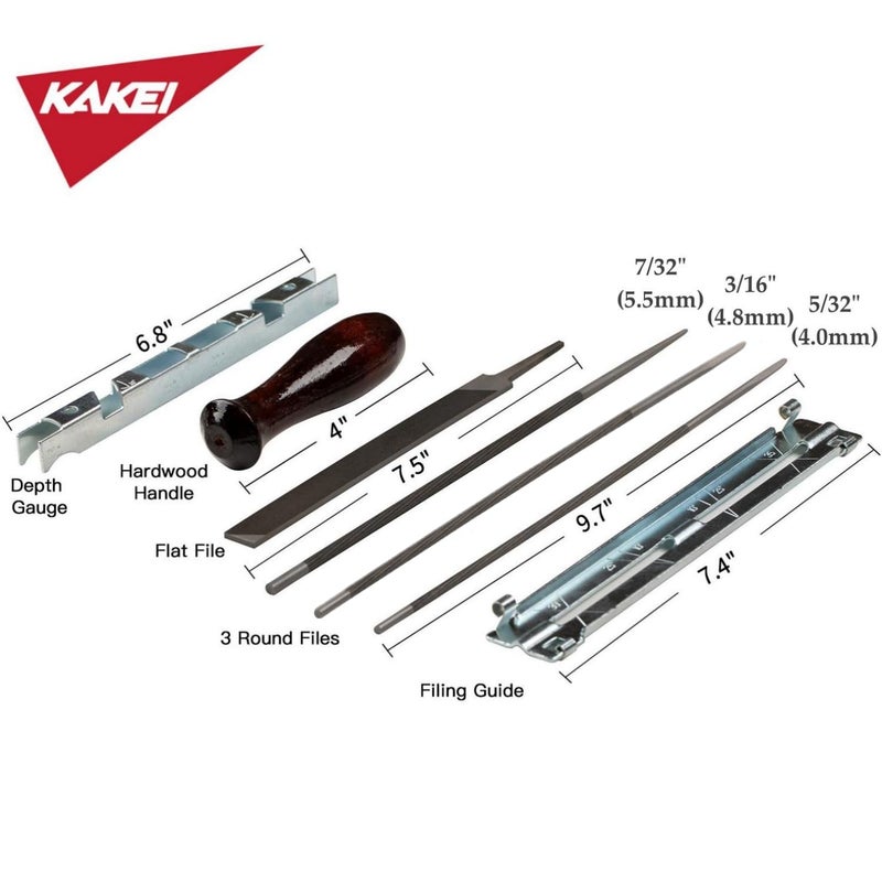 KAKEI Chainsaw Sharpening File Kit, Chainsaw Chain Sharpener - 8 Packs - 3 Round Files(5/32-Inch, 3/16-Inch, 7/32-Inch), Flat File, Depth Gauge Tool, Filing Guide, Wood Handle, Travel Pouch - Image 2