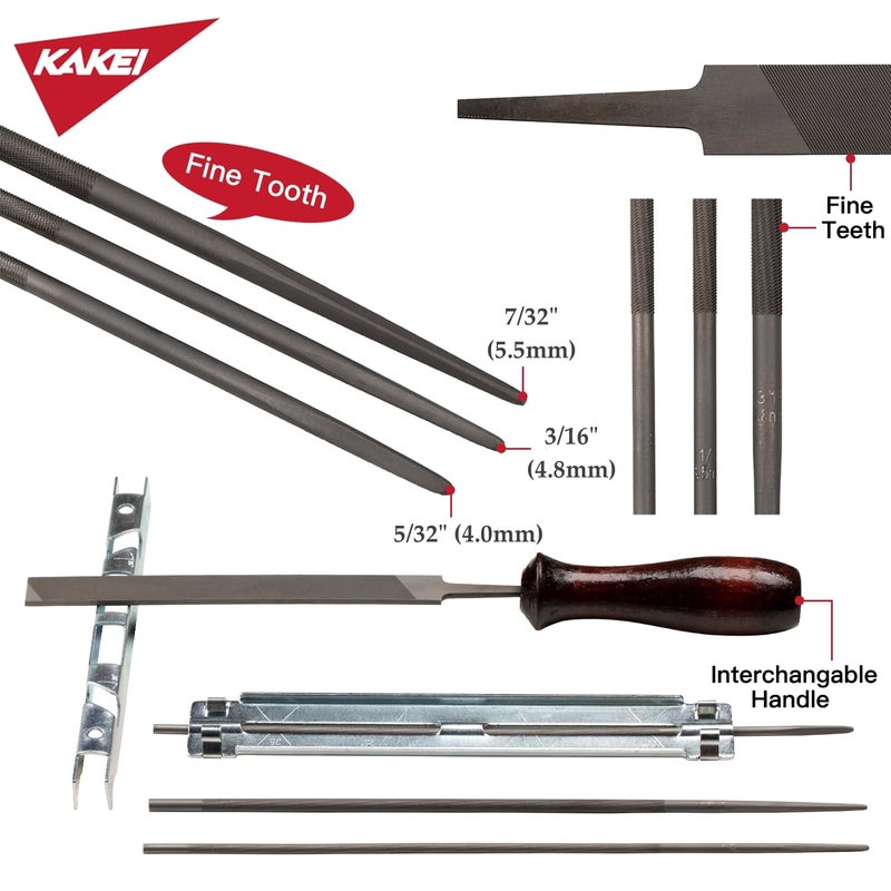KAKEI Chainsaw Sharpening File Kit, Chainsaw Chain Sharpener - 8 Packs - 3 Round Files(5/32-Inch, 3/16-Inch, 7/32-Inch), Flat File, Depth Gauge Tool, Filing Guide, Wood Handle, Travel Pouch - Image 3