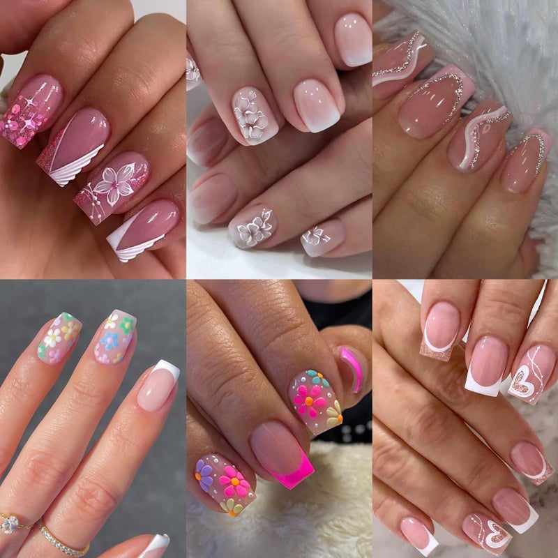 CTTHNBD 6 Packs (144 Pcs) Press on Nails Square - Short, Medium Nails Press ons - French Tip Fake Nails with Flower Design - for Women 12 Sizes-6 Styles - Image 1