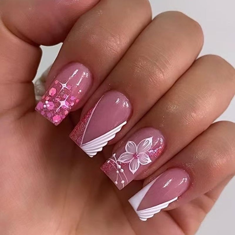 CTTHNBD 6 Packs (144 Pcs) Press on Nails Square - Short, Medium Nails Press ons - French Tip Fake Nails with Flower Design - for Women 12 Sizes-6 Styles - Image 2