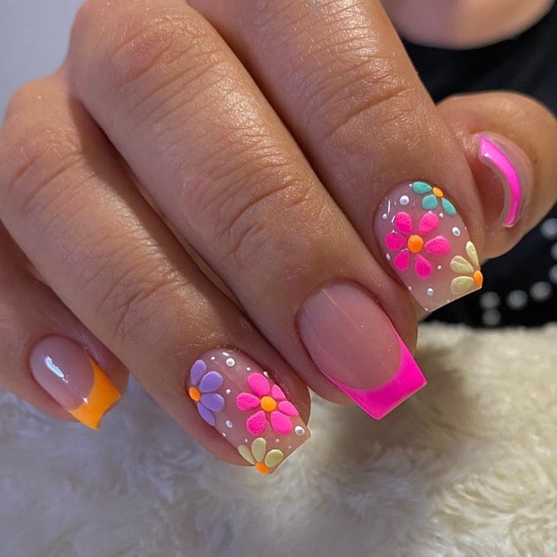 CTTHNBD 6 Packs (144 Pcs) Press on Nails Square - Short, Medium Nails Press ons - French Tip Fake Nails with Flower Design - for Women 12 Sizes-6 Styles - Image 3