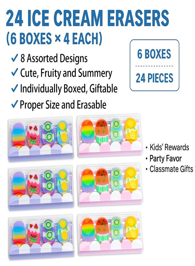 Ouksma Ice Cream Erasers, 24 Pack - Cute Fruit Popsicle Shaped Pencil Erasers for Kids, Fun School Supplies, Classroom Rewards, Party Favors, Homework Prizes - Image 2
