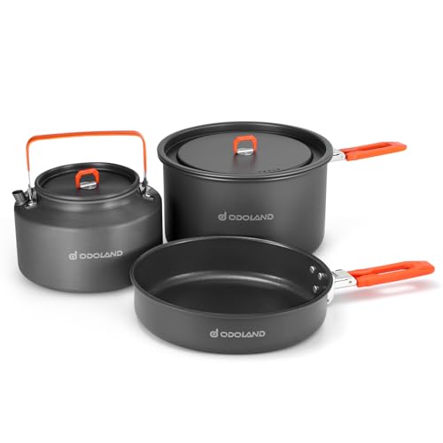 Odoland Camping Cookware Mess Kit Camping Cooking Pot Fry Pan and 20L Kettle Set Portable Cookware Set with Mesh Bag for Backpacking Outdoor Cooking and Picnic for 57 People - Image 1