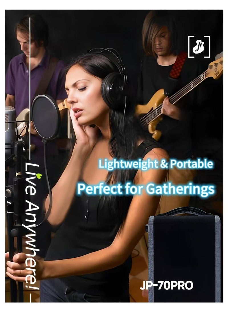 Multifunctional Bluetooth Guitar Speaker – JP-70Pro (Denim Gray). Features include live streaming & internal recording, outdoor use, karaoke singing with accompaniment, rechargeable battery with ultra-long runtime. Special Offer: Includes a free thickened storage backpack with purchase. - Image 2