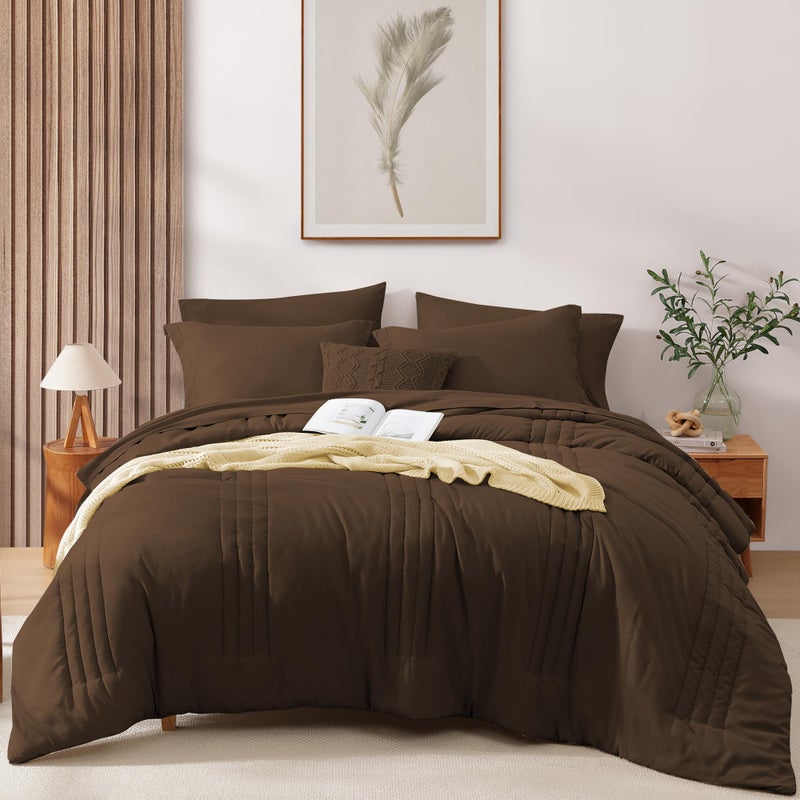 Monbix Queen Comforter Set - 7 Pieces Chocolate Brown Bed in a Bag Queen Size Bedding Sets with Comforters, All Seasons Comforter with Sheets, Pillowcases & Shams - Image 1