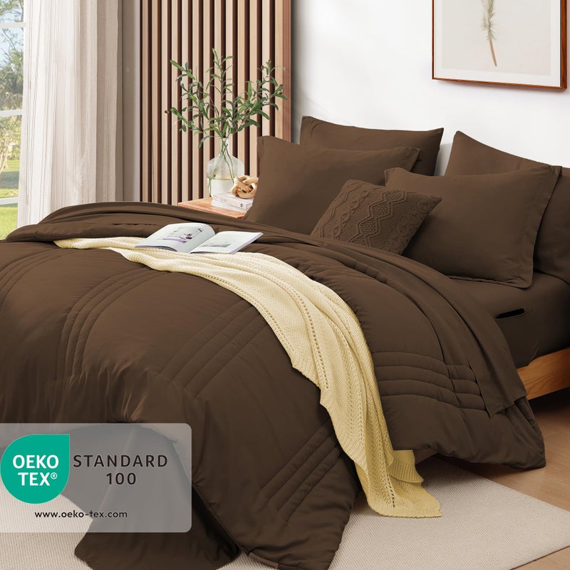 Monbix Queen Comforter Set - 7 Pieces Chocolate Brown Bed in a Bag Queen Size Bedding Sets with Comforters, All Seasons Comforter with Sheets, Pillowcases & Shams - Image 2