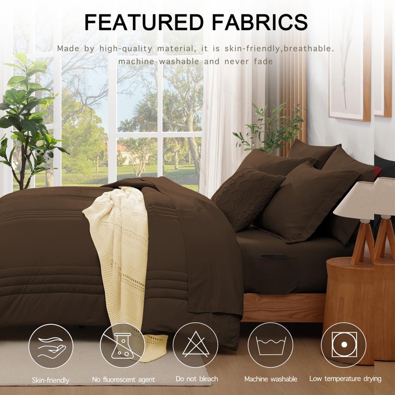 Monbix Queen Comforter Set - 7 Pieces Chocolate Brown Bed in a Bag Queen Size Bedding Sets with Comforters, All Seasons Comforter with Sheets, Pillowcases & Shams - Image 3