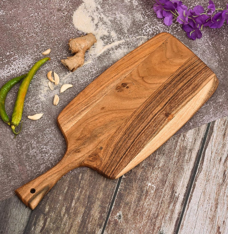 OGGN Handmade Natural Acacia Wood Designer Chopping Board with Broad Handle Durable Wooden Vegetable Fruits Chopper KnifeFriendly Cutting Boards for Kitchen 432 X 178 cm - Image 1