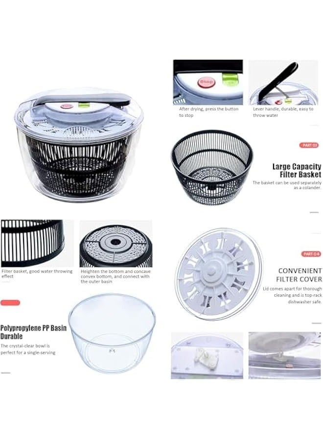 5L Salad Spinner, Multifunction Manual Salad Spinner, Press Type Vegetable Fruit Dryer, BPA Free, Vegetable Washer Spinner Dryer, For Salad Greens, Lettuce, Fruits and Vegetables - Image 3