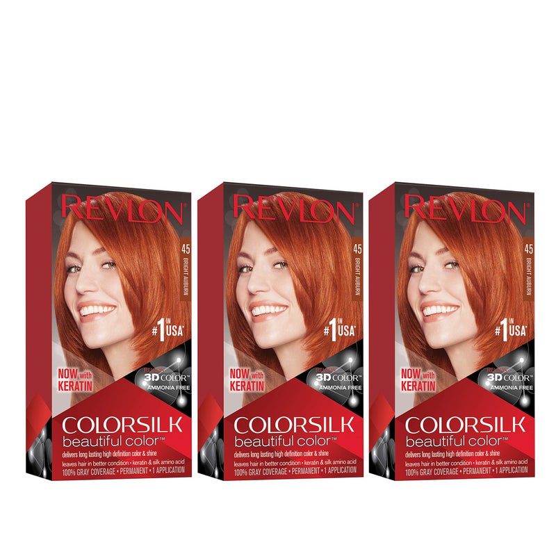 Revlon Permanent Hair Color Permanent Hair Dye Colorsilk with 100 Gray Coverage AmmoniaFree Keratin and Amino Acids 45 Bright Auburn 44 Oz Pack of 3