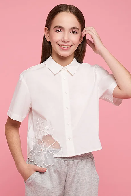 أر أند بي Solid Crop Shirt with Classic Collar and Short Sleeves