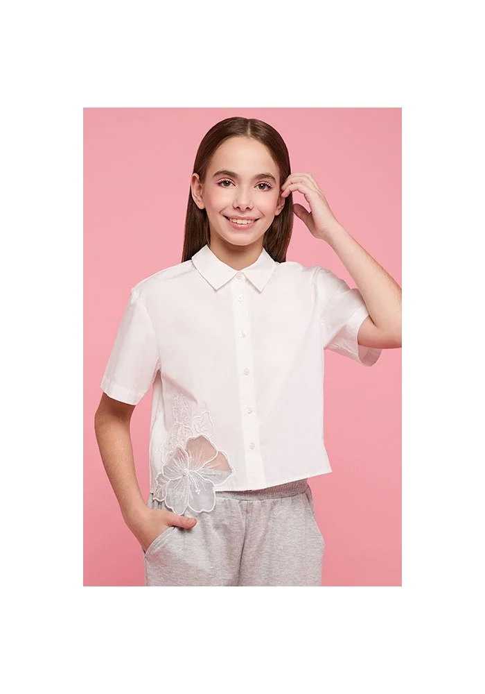 R&b Solid Crop Shirt with Classic Collar and Short Sleeves