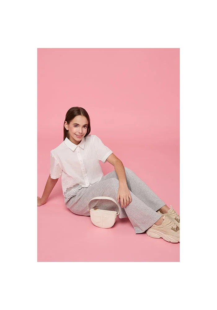 R&b Solid Crop Shirt with Classic Collar and Short Sleeves