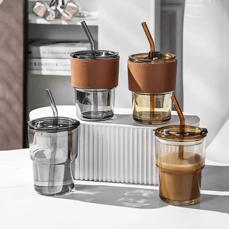 Riviox Glass Tumbler Cup with LID 400ML Leather Grip Mug with Lid Straw Anti Skid Clear Drinking Tumblers Sipper for Tea Juice Cocktail Smoothies Cold Hot Drink 2 - Image 4