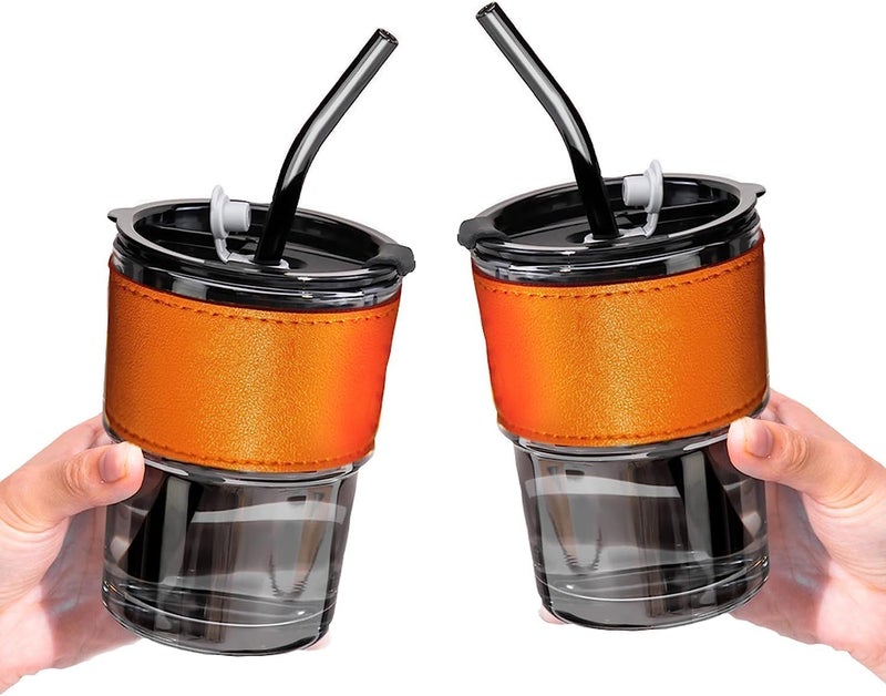 Riviox Glass Tumbler Cup with LID 400ML Leather Grip Mug with Lid Straw Anti Skid Clear Drinking Tumblers Sipper for Tea Juice Cocktail Smoothies Cold Hot Drink 2 - Image 1