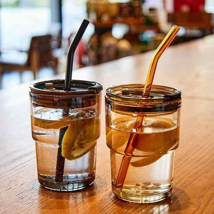 Riviox Glass Tumbler Cup with LID 400ML Leather Grip Mug with Lid Straw Anti Skid Clear Drinking Tumblers Sipper for Tea Juice Cocktail Smoothies Cold Hot Drink 2 - Image 5