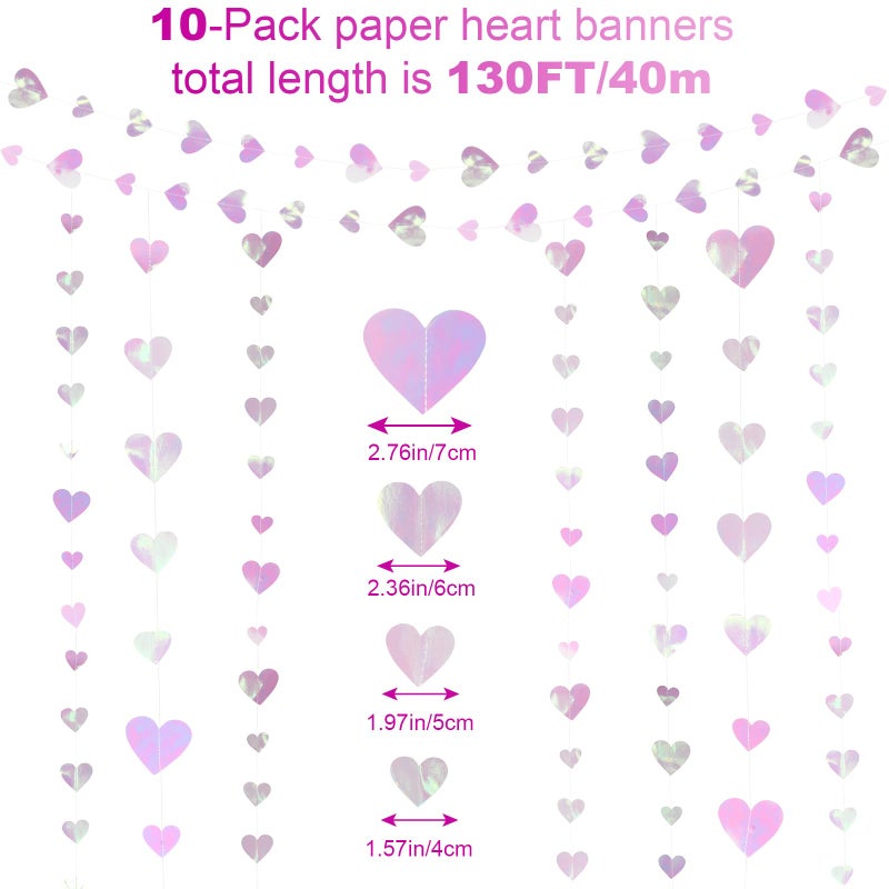 Fuyoooo 10 Pack 130ft Pink Holographic Heart Party Garland Asymmetrical Love Hanging Banners for Mothers Day Baby Shower Engagement Wedding Bridal Shower Decoration - Image 2